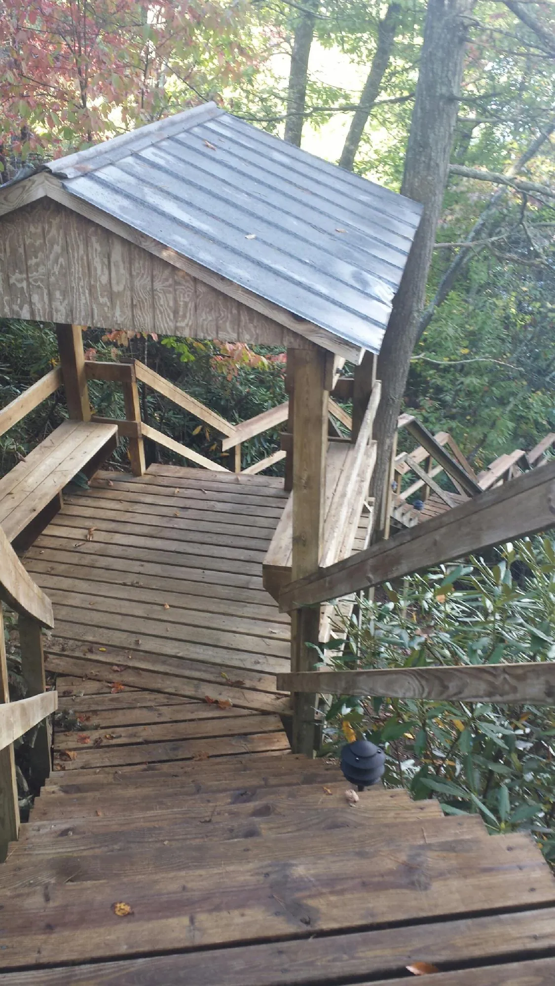 Metal roofed shelter over wooden steps on a wooded walkway — Skylight Repair & Installation work by our crew in Spring Branch